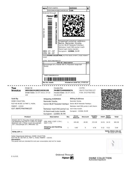 Original Flipkart invoice before cropping